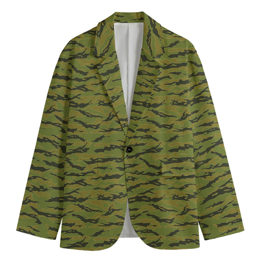 Green Tiger Stripe Camo Pattern Print Men's Blazer