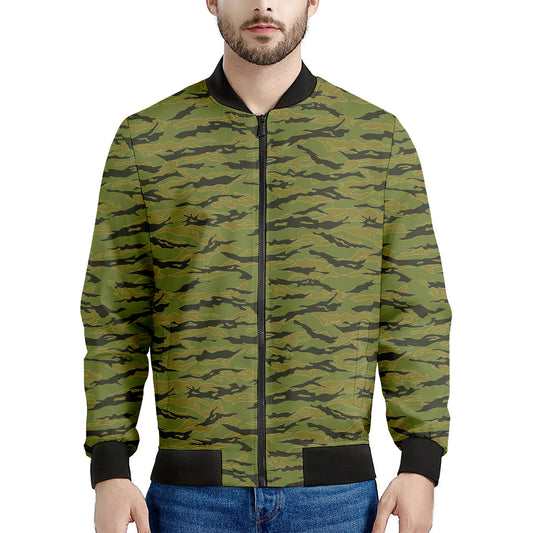 Green Tiger Stripe Camo Pattern Print Men's Bomber Jacket