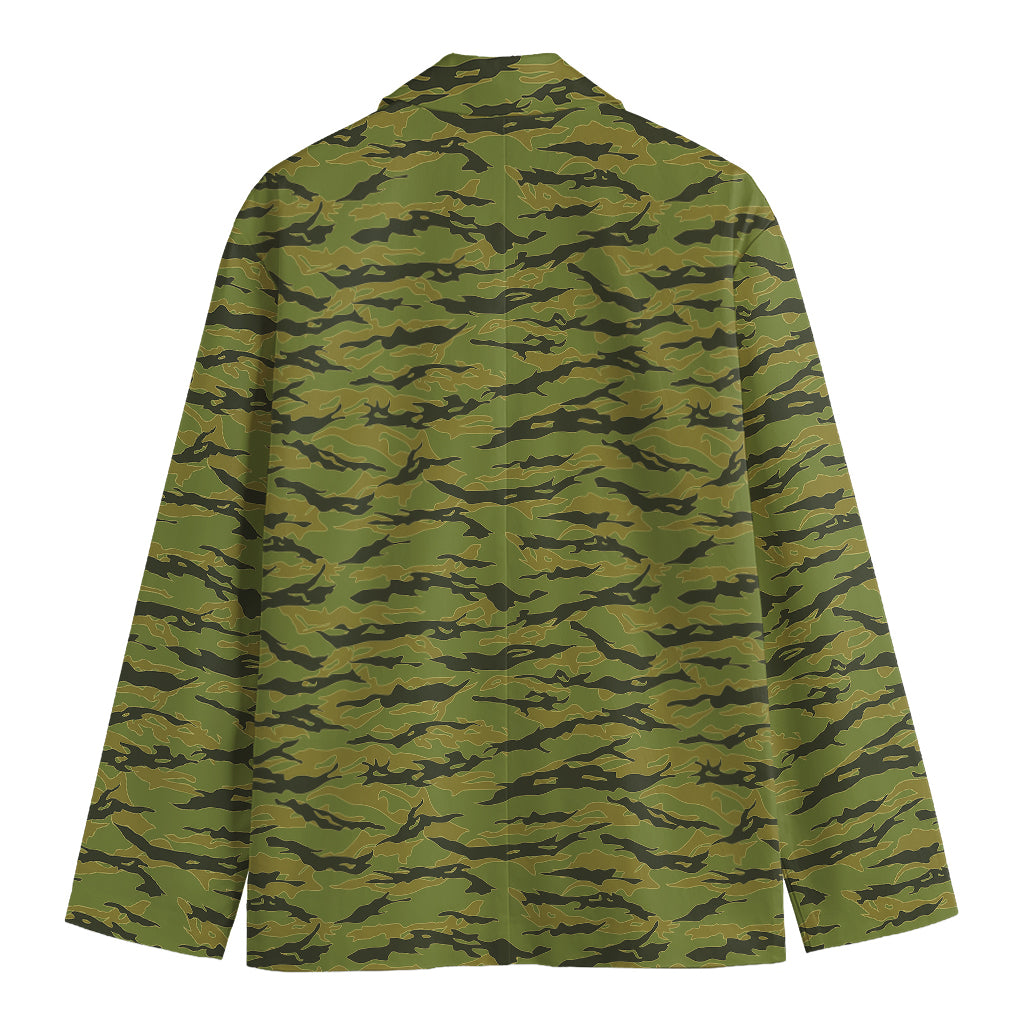 Green Tiger Stripe Camo Pattern Print Men's Cotton Blazer