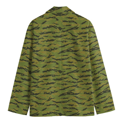 Green Tiger Stripe Camo Pattern Print Men's Cotton Blazer