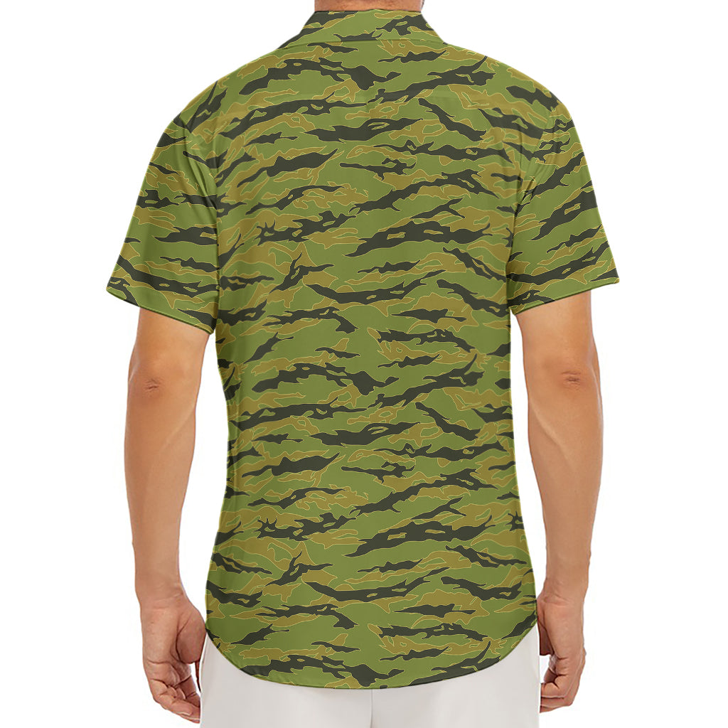 Green Tiger Stripe Camo Pattern Print Men's Deep V-Neck Shirt