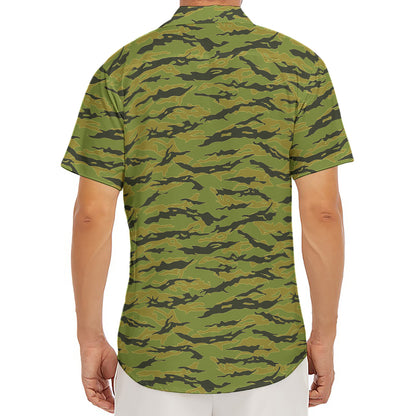 Green Tiger Stripe Camo Pattern Print Men's Deep V-Neck Shirt