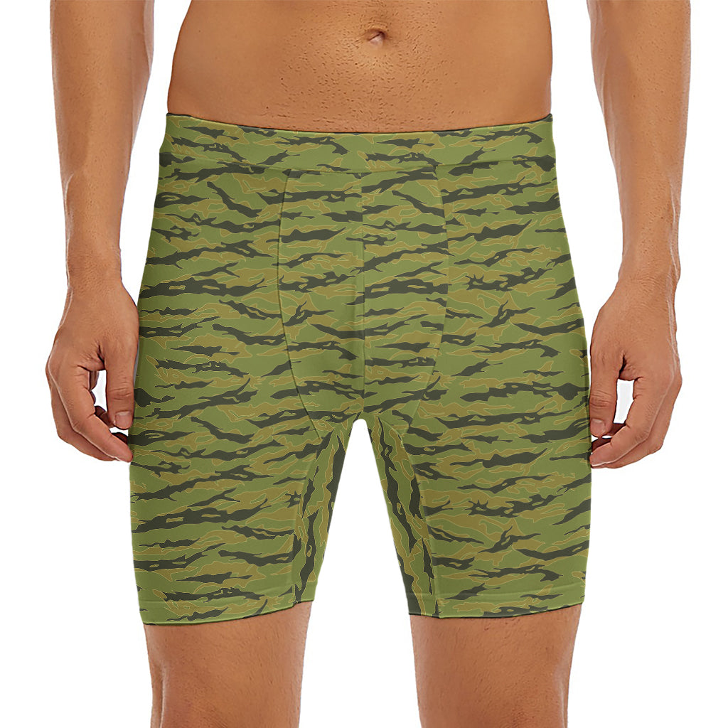 Green Tiger Stripe Camo Pattern Print Men's Long Boxer Briefs