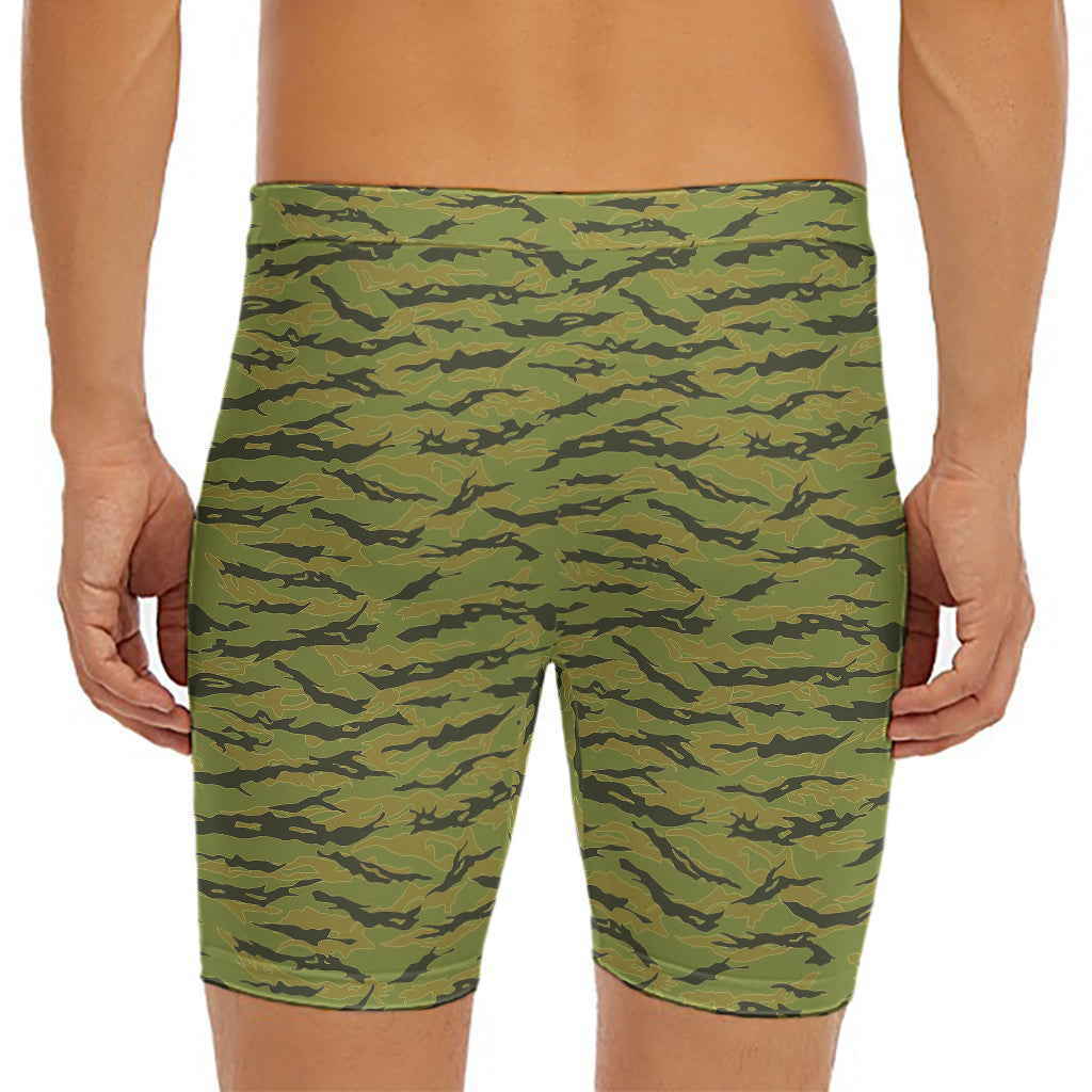 Green Tiger Stripe Camo Pattern Print Men's Long Boxer Briefs
