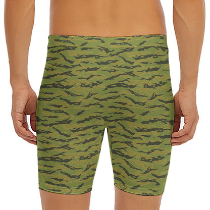 Green Tiger Stripe Camo Pattern Print Men's Long Boxer Briefs