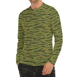 Green Tiger Stripe Camo Pattern Print Men's Long Sleeve Rash Guard
