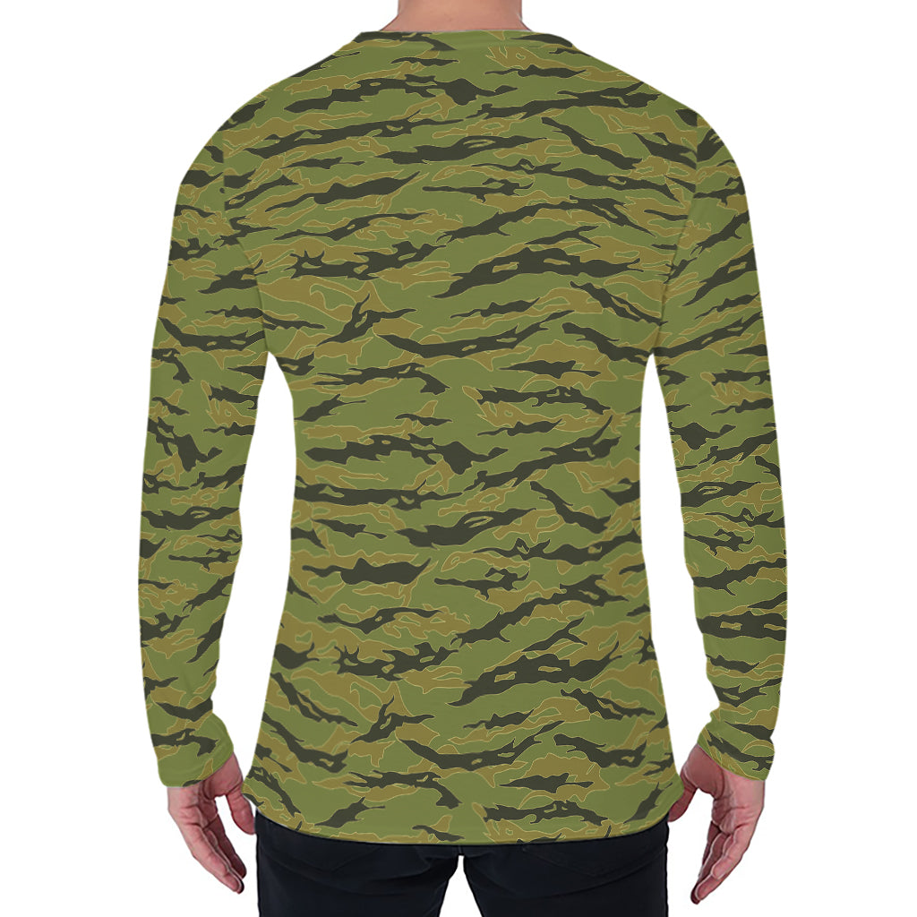 Green Tiger Stripe Camo Pattern Print Men's Long Sleeve T-Shirt