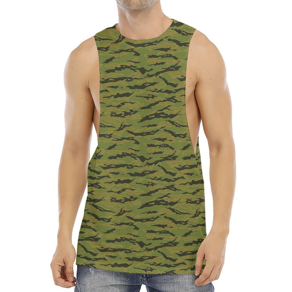 Green Tiger Stripe Camo Pattern Print Men's Muscle Tank Top
