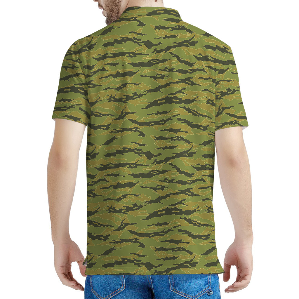 Green Tiger Stripe Camo Pattern Print Men's Polo Shirt