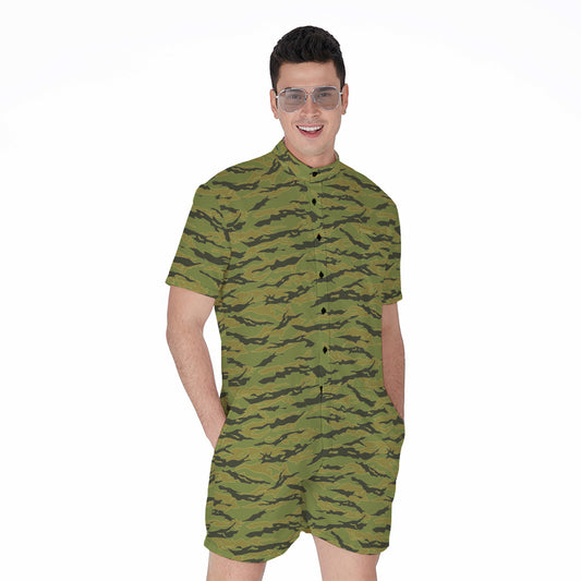 Green Tiger Stripe Camo Pattern Print Men's Rompers
