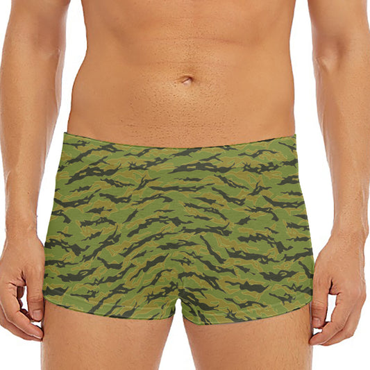 Green Tiger Stripe Camo Pattern Print Men's Short Boxer Briefs