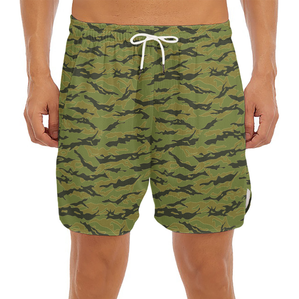 Green Tiger Stripe Camo Pattern Print Men's Split Running Shorts