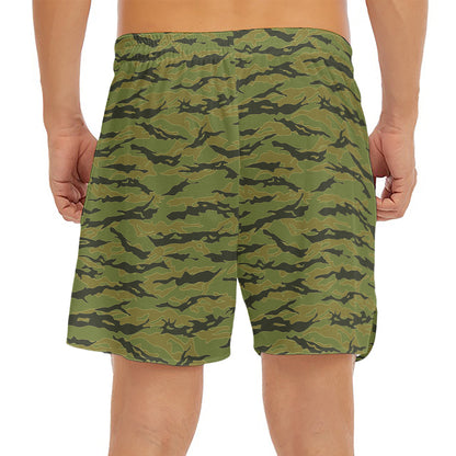 Green Tiger Stripe Camo Pattern Print Men's Split Running Shorts