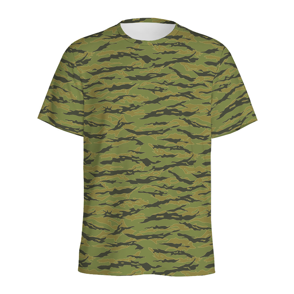 Green Tiger Stripe Camo Pattern Print Men's Sports T-Shirt
