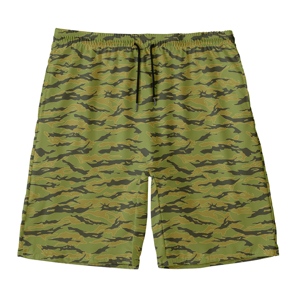 Green Tiger Stripe Camo Pattern Print Men's Swim Trunks