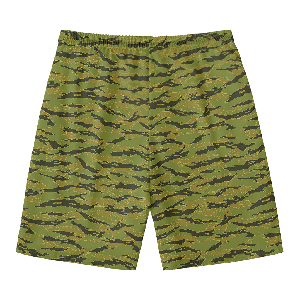 Green Tiger Stripe Camo Pattern Print Men's Swim Trunks
