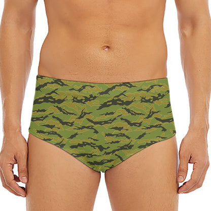 Green Tiger Stripe Camo Pattern Print Men's Triangle Swim Briefs