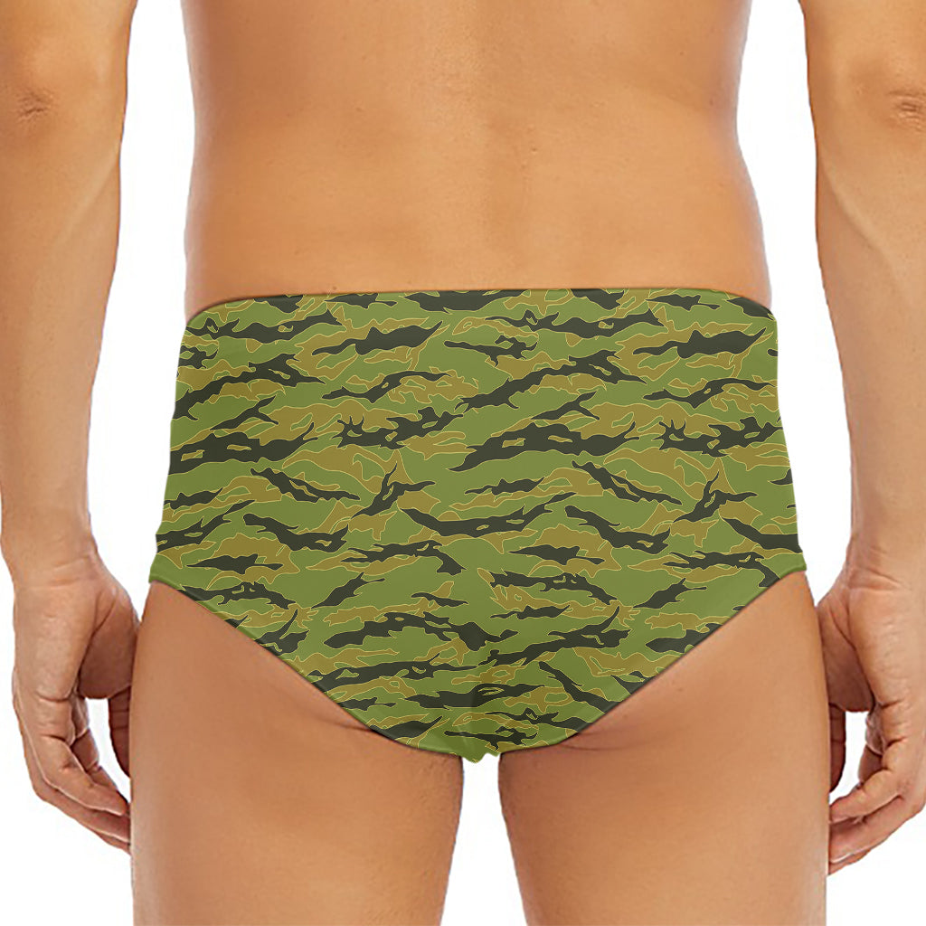 Green Tiger Stripe Camo Pattern Print Men's Triangle Swim Briefs