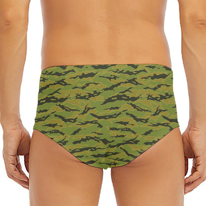 Green Tiger Stripe Camo Pattern Print Men's Triangle Swim Briefs