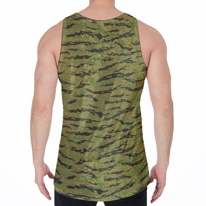 Green Tiger Stripe Camo Pattern Print Men's Velvet Tank Top
