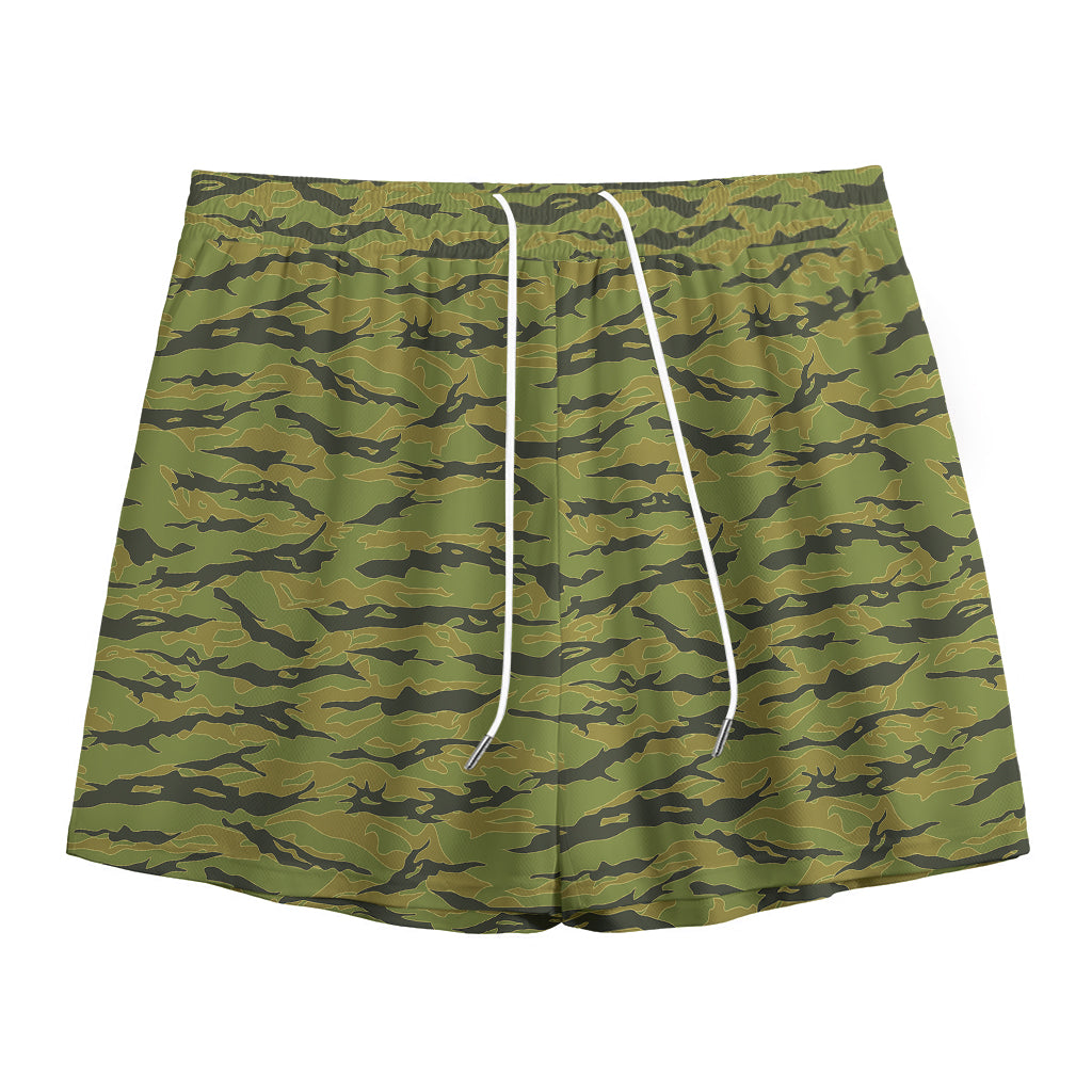 Green Tiger Stripe Camo Pattern Print Mesh Shorts