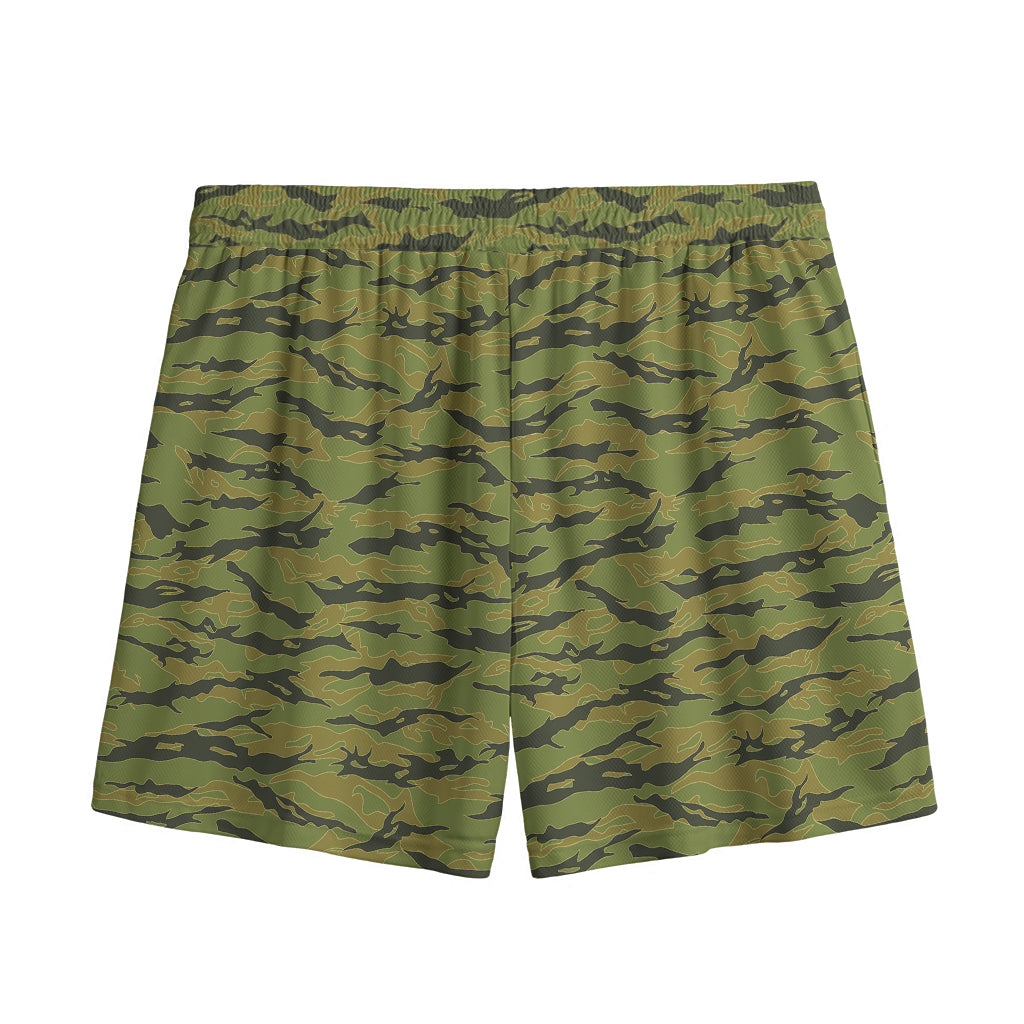 Green Tiger Stripe Camo Pattern Print Mesh Shorts