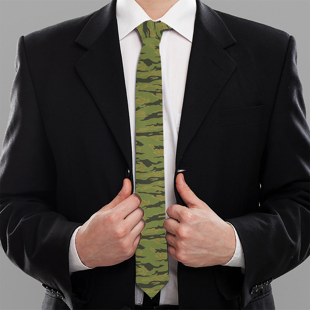 Green Tiger Stripe Camo Pattern Print Necktie