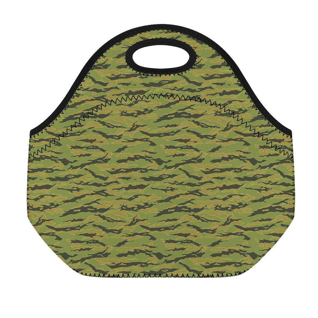 Green Tiger Stripe Camo Pattern Print Neoprene Lunch Bag