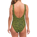 Green Tiger Stripe Camo Pattern Print One Piece Swimsuit