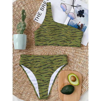 Green Tiger Stripe Camo Pattern Print One Shoulder Bikini Top