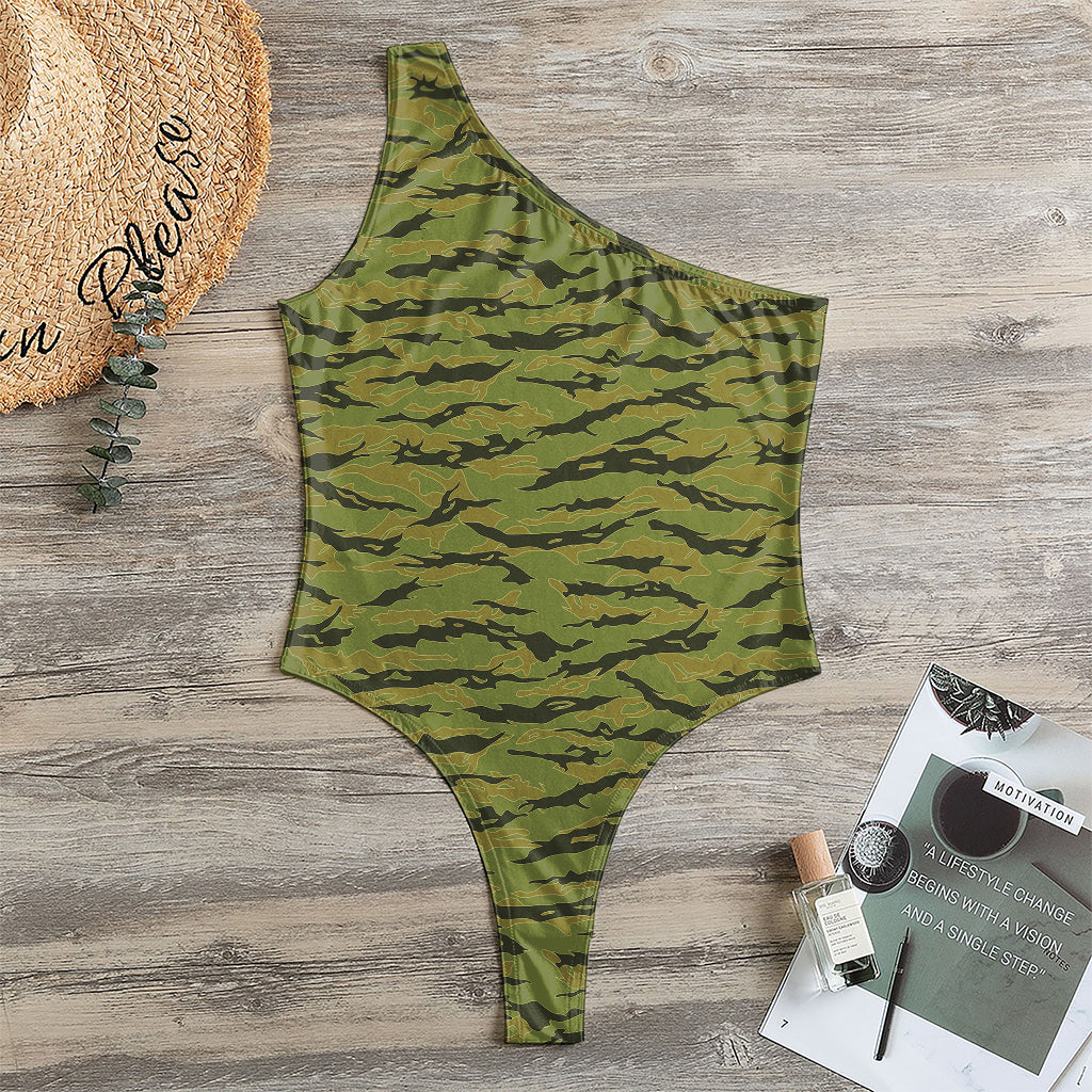 Green Tiger Stripe Camo Pattern Print One Shoulder Bodysuit