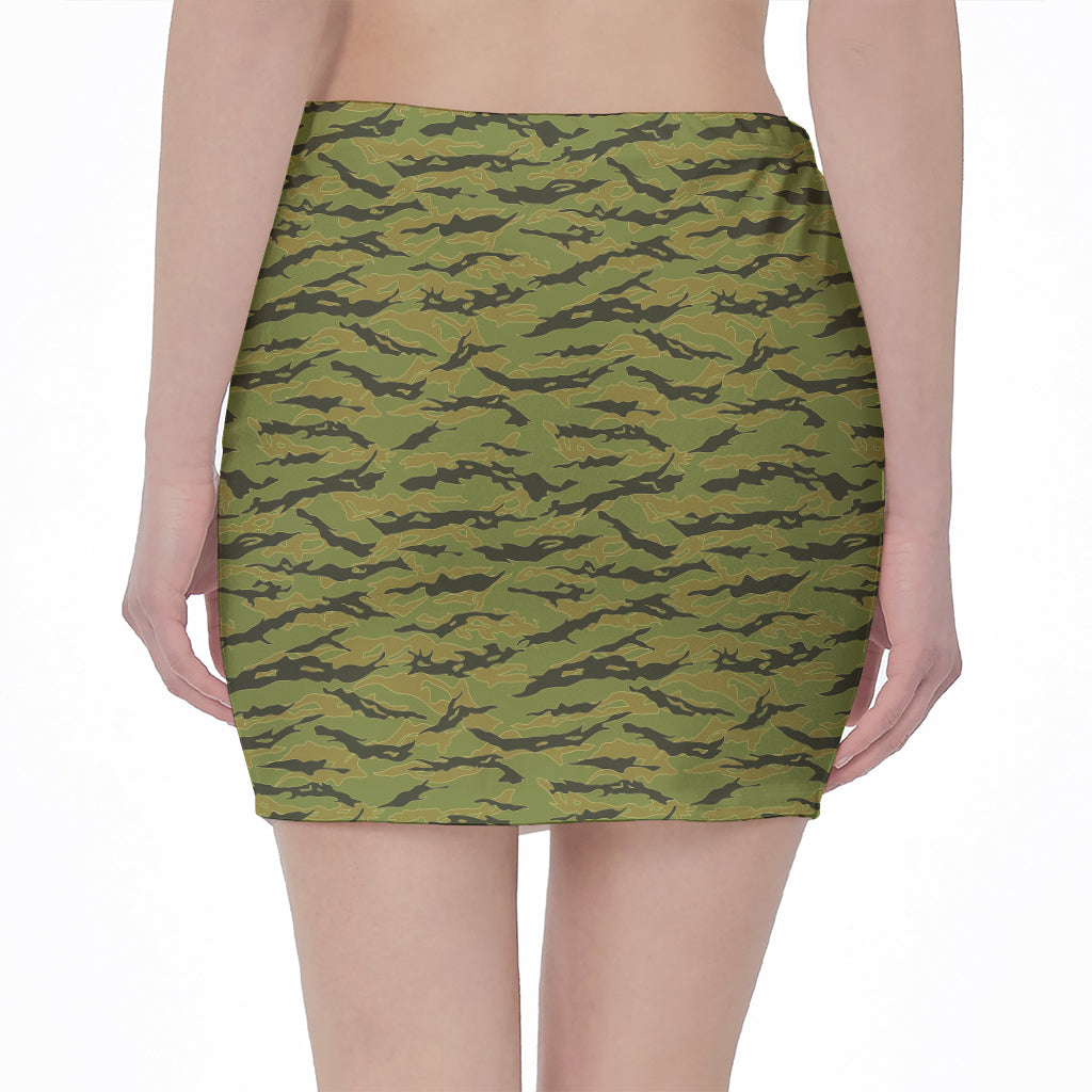 Green Tiger Stripe Camo Pattern Print Pencil Mini Skirt