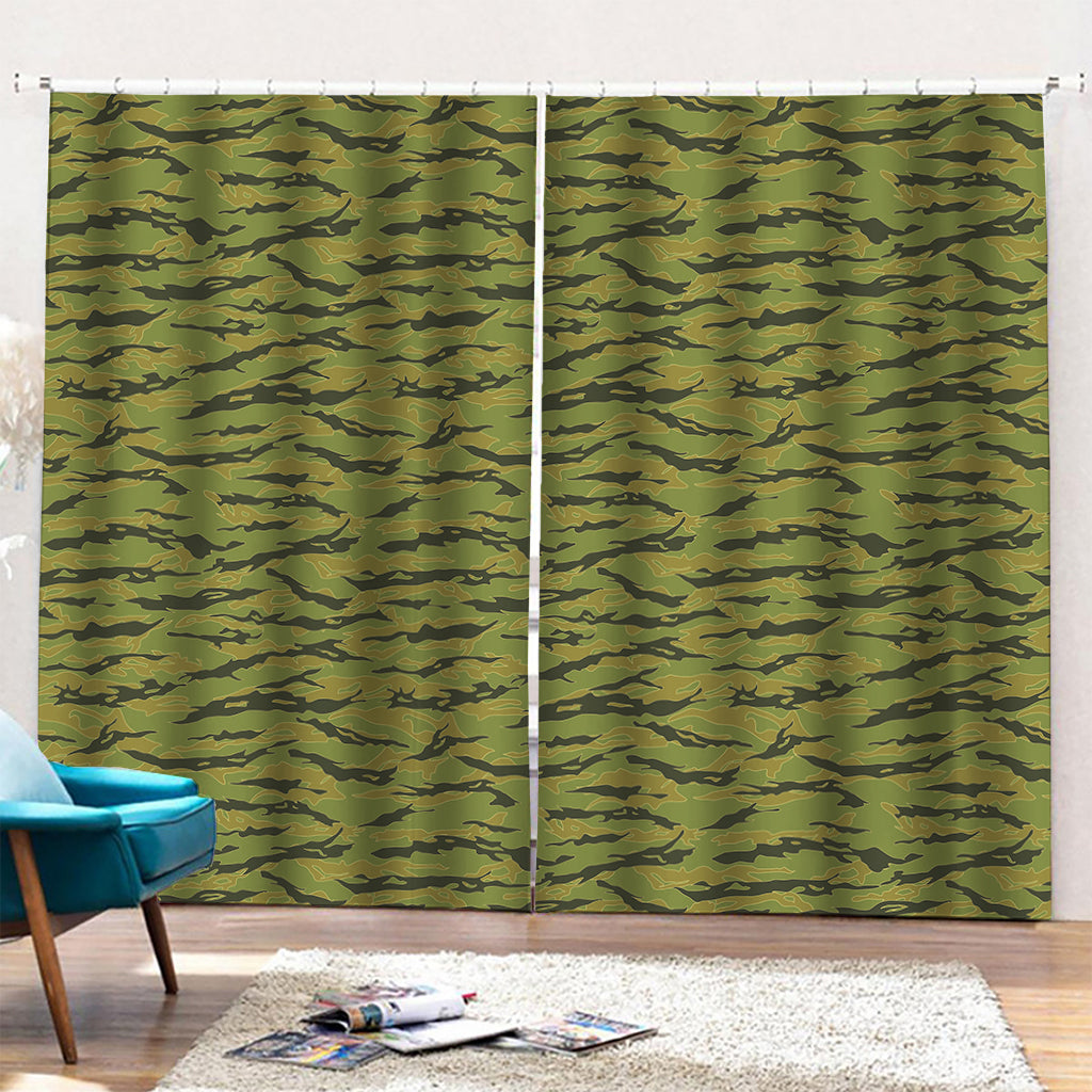 Green Tiger Stripe Camo Pattern Print Pencil Pleat Curtains