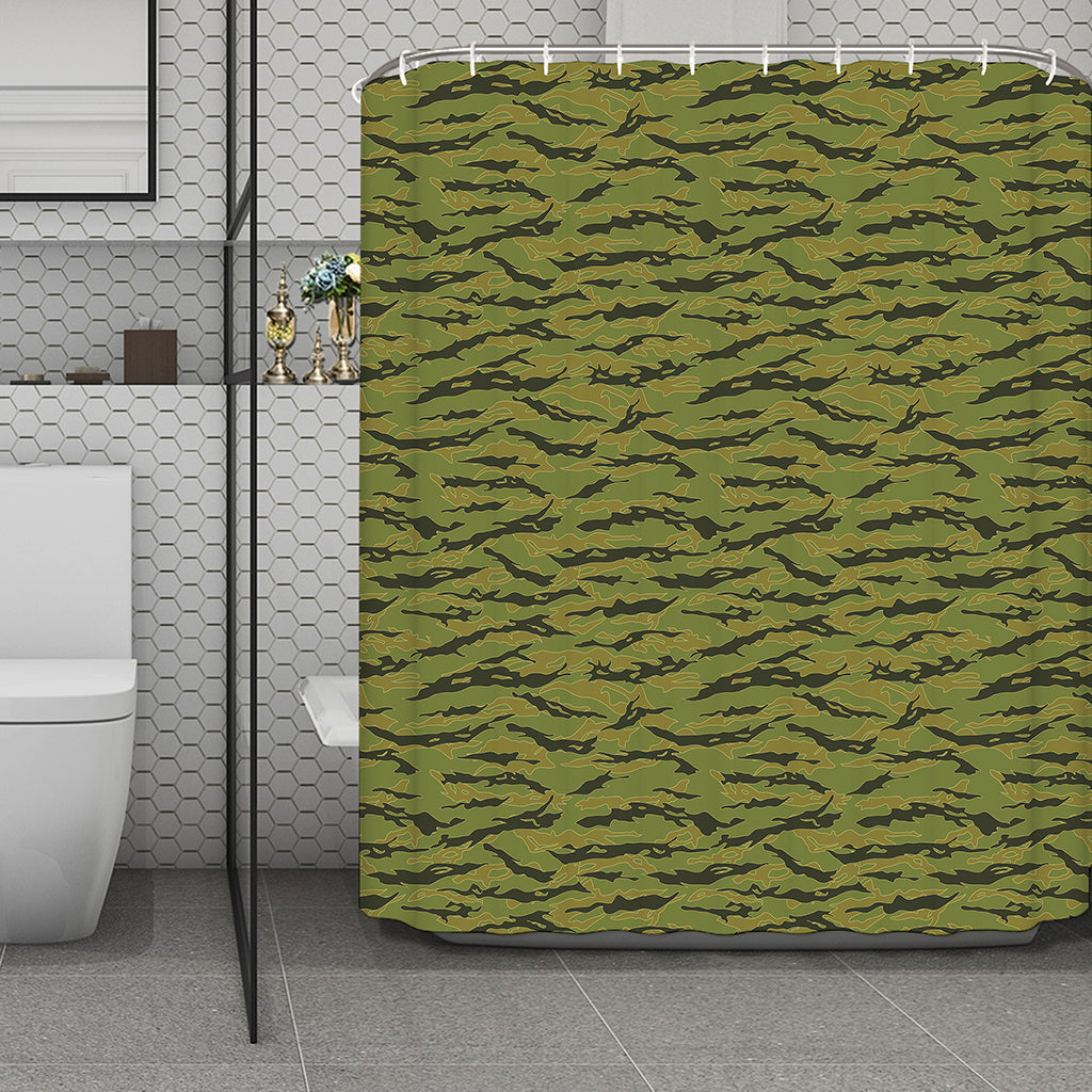 Green Tiger Stripe Camo Pattern Print Polyester Shower Curtain