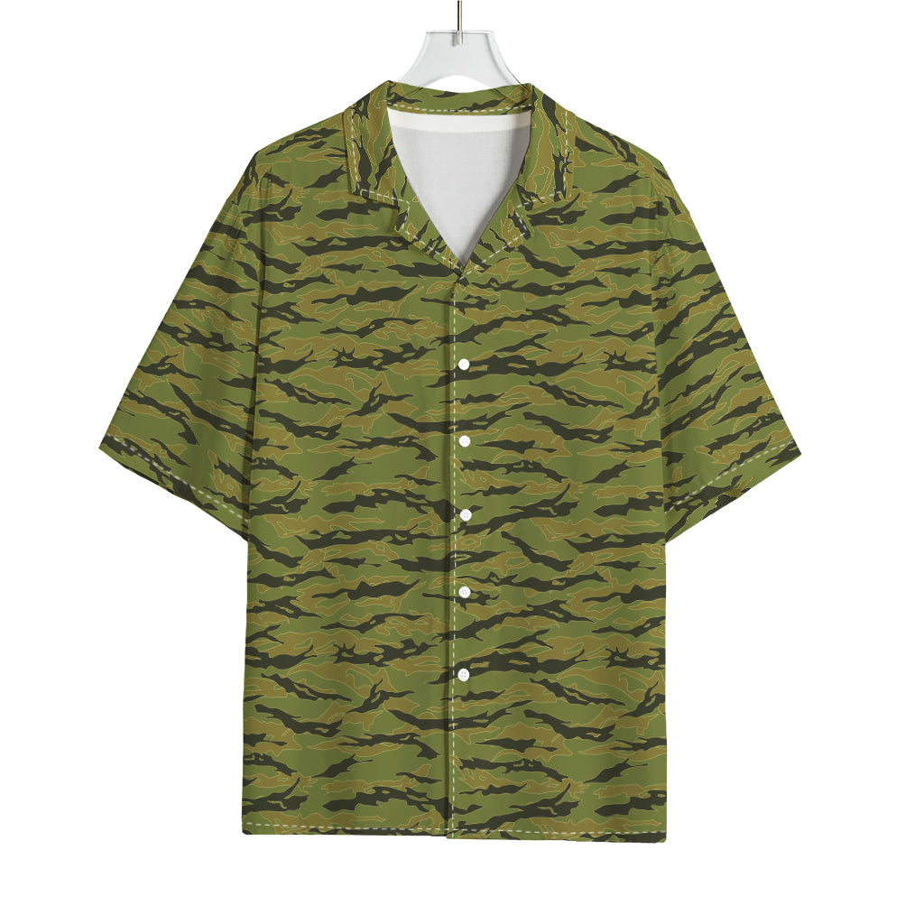 Green Tiger Stripe Camo Pattern Print Rayon Hawaiian Shirt