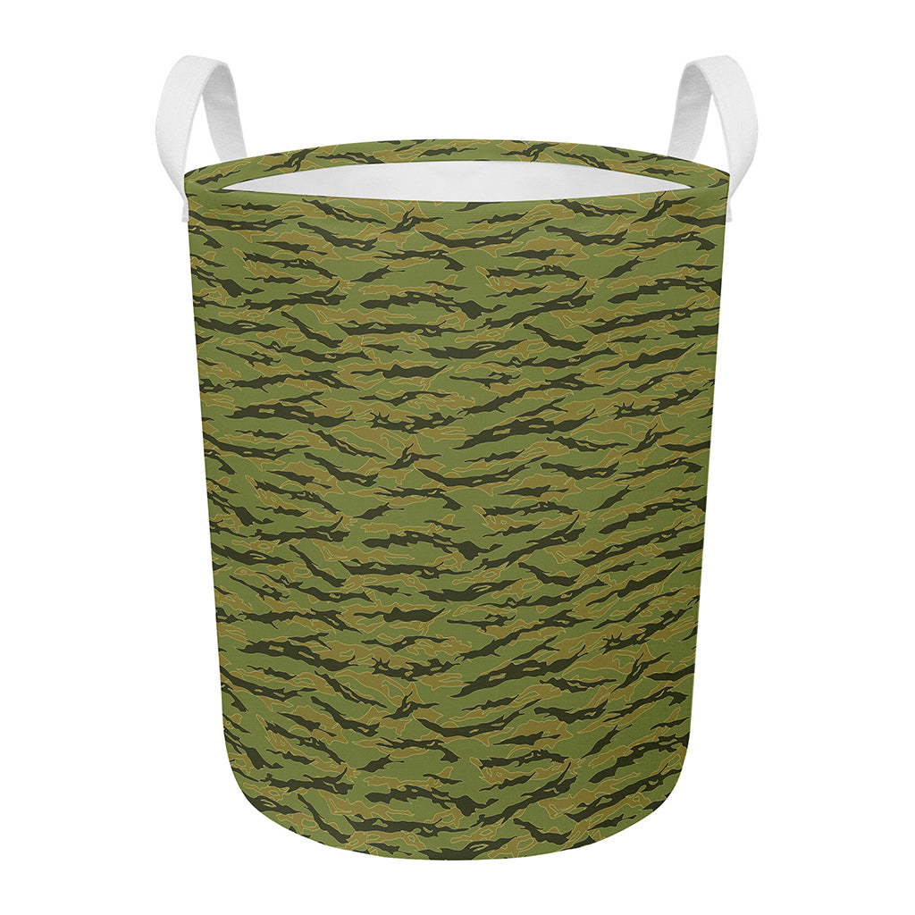 Green Tiger Stripe Camo Pattern Print Round Laundry Basket