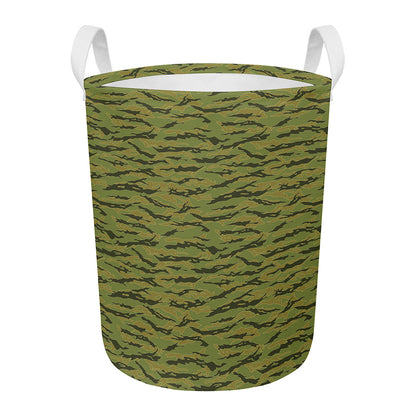 Green Tiger Stripe Camo Pattern Print Round Laundry Basket