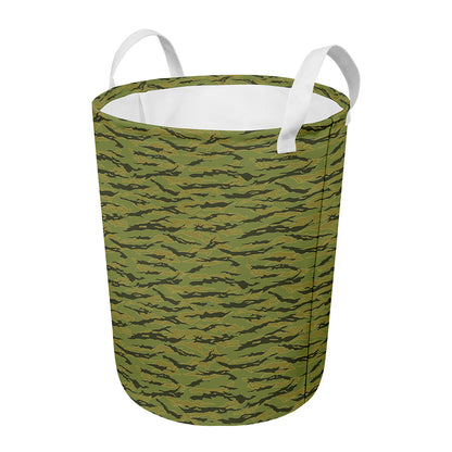 Green Tiger Stripe Camo Pattern Print Round Laundry Basket