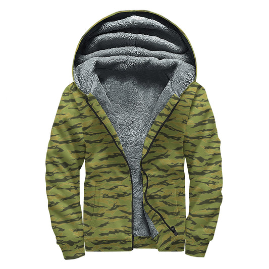 Green Tiger Stripe Camo Pattern Print Sherpa Lined Zip Up Hoodie