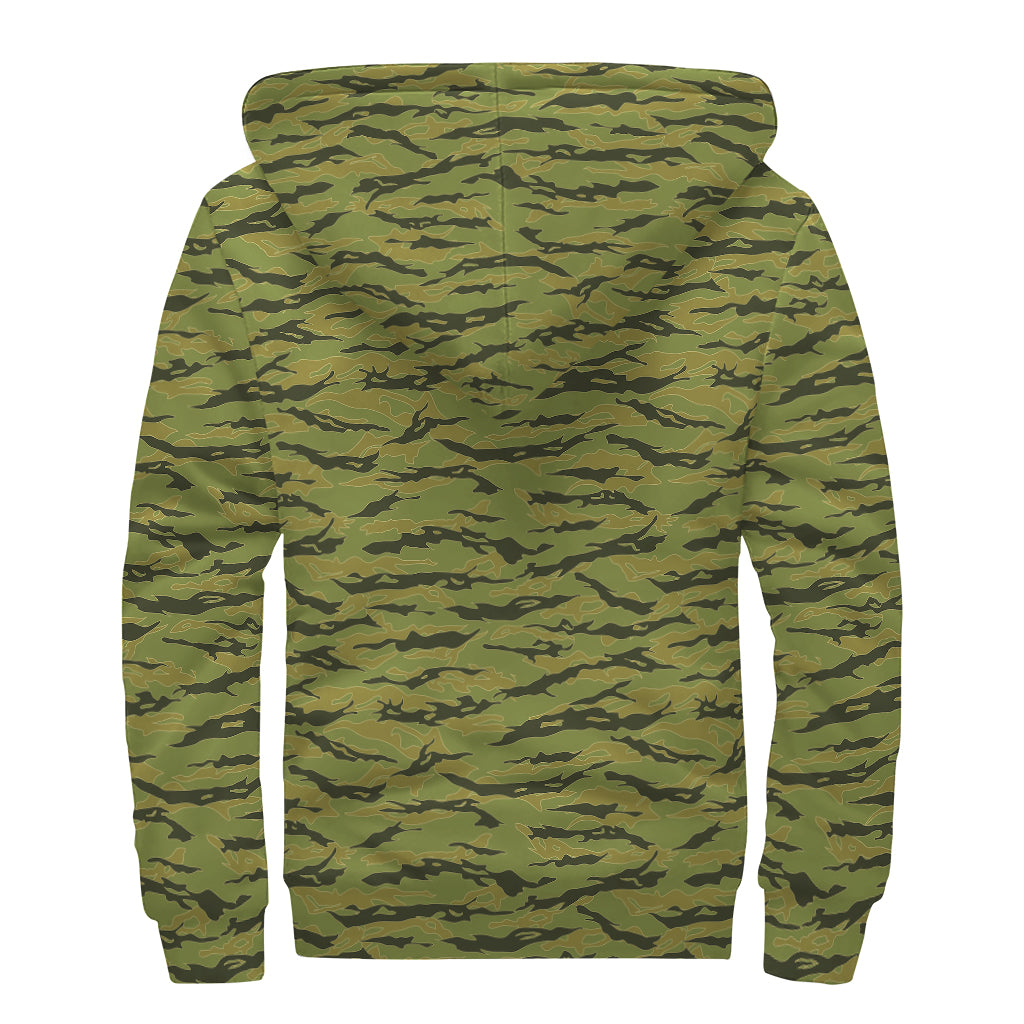 Green Tiger Stripe Camo Pattern Print Sherpa Lined Zip Up Hoodie
