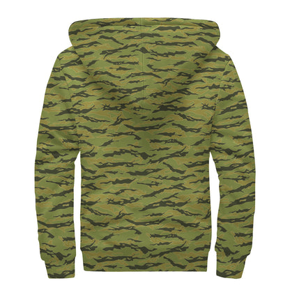 Green Tiger Stripe Camo Pattern Print Sherpa Lined Zip Up Hoodie