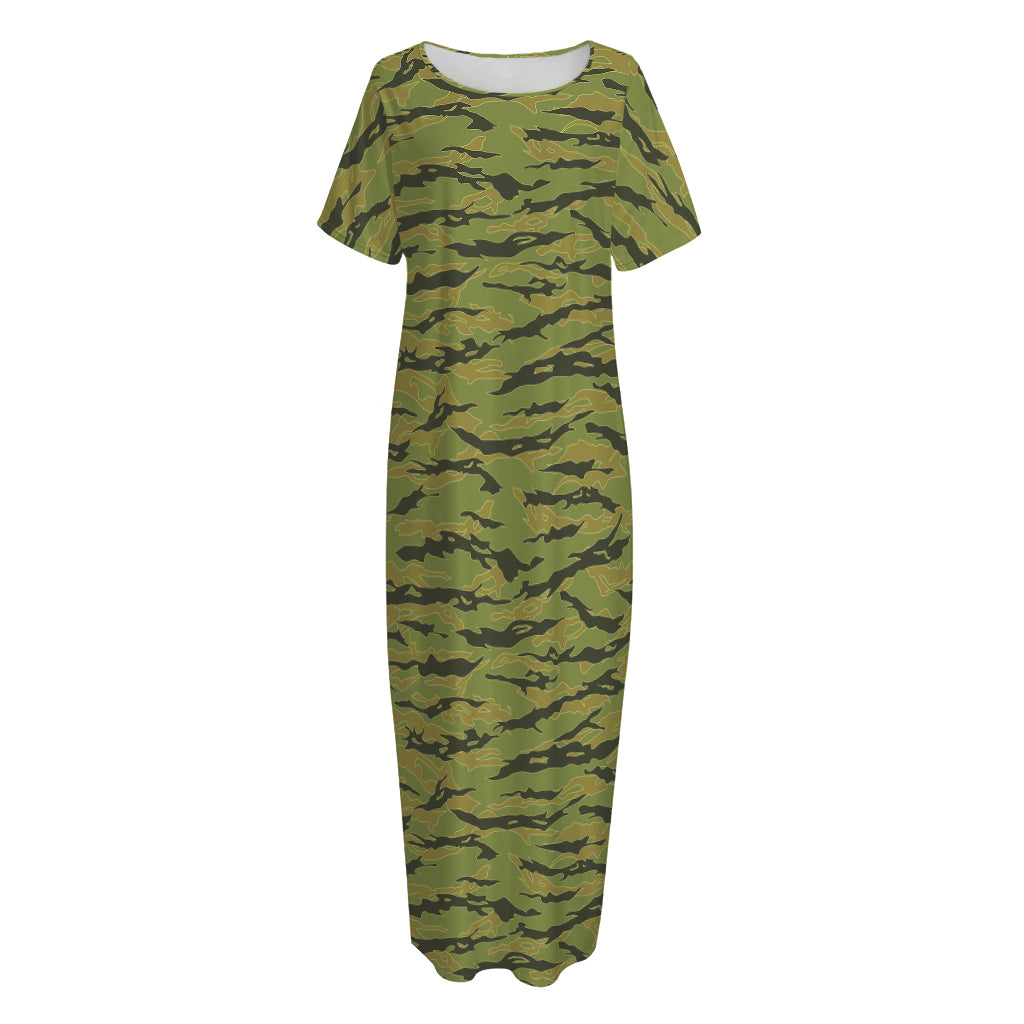 Green Tiger Stripe Camo Pattern Print Short Sleeve Long Nightdress