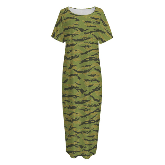 Green Tiger Stripe Camo Pattern Print Short Sleeve Long Nightdress