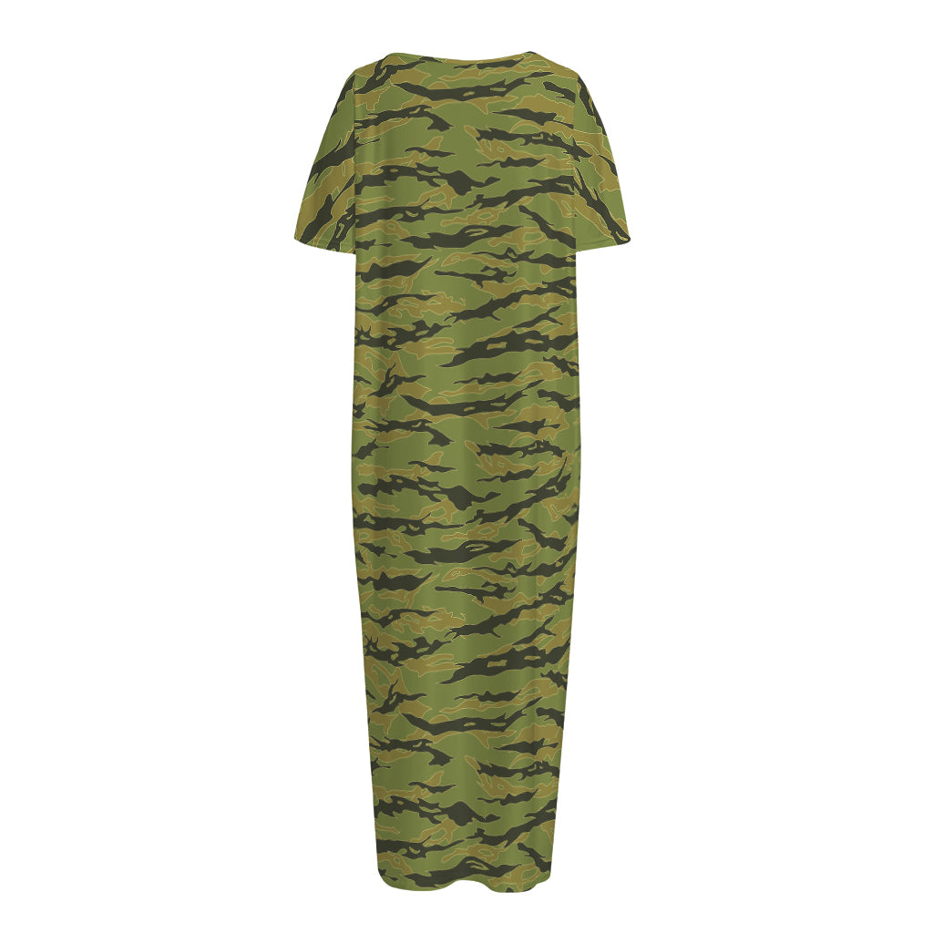 Green Tiger Stripe Camo Pattern Print Short Sleeve Long Nightdress
