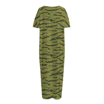 Green Tiger Stripe Camo Pattern Print Short Sleeve Long Nightdress