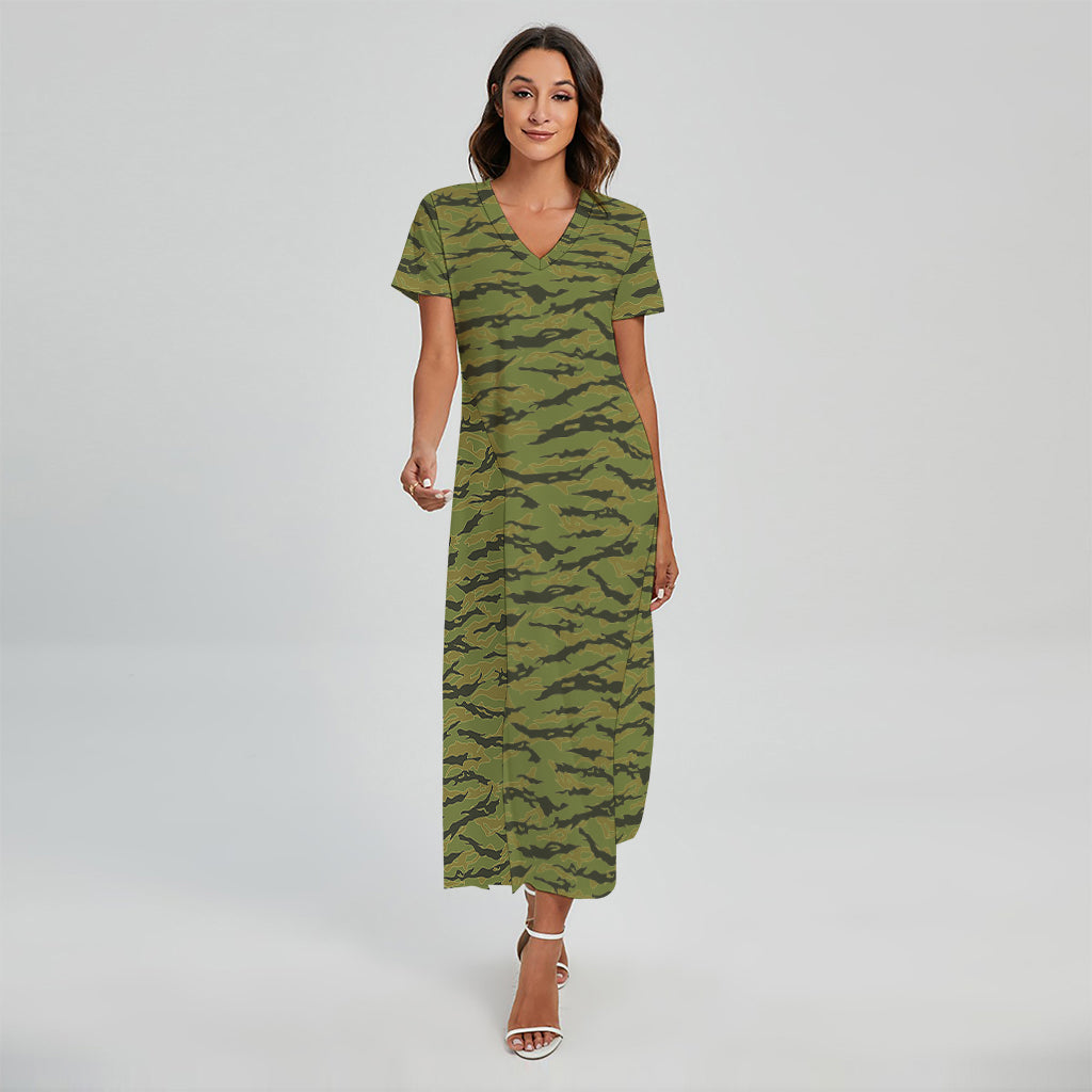 Green Tiger Stripe Camo Pattern Print Short Sleeve Maxi Dress