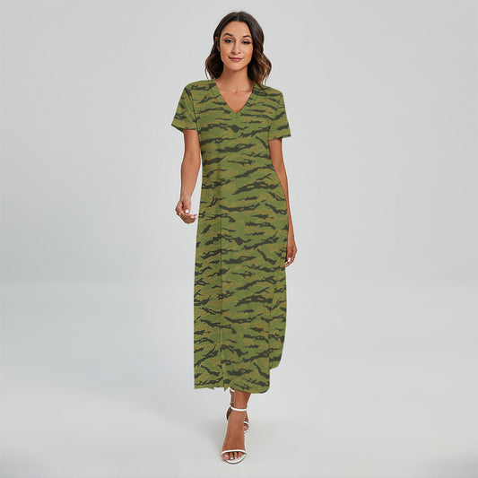 Green Tiger Stripe Camo Pattern Print Short Sleeve Maxi Dress