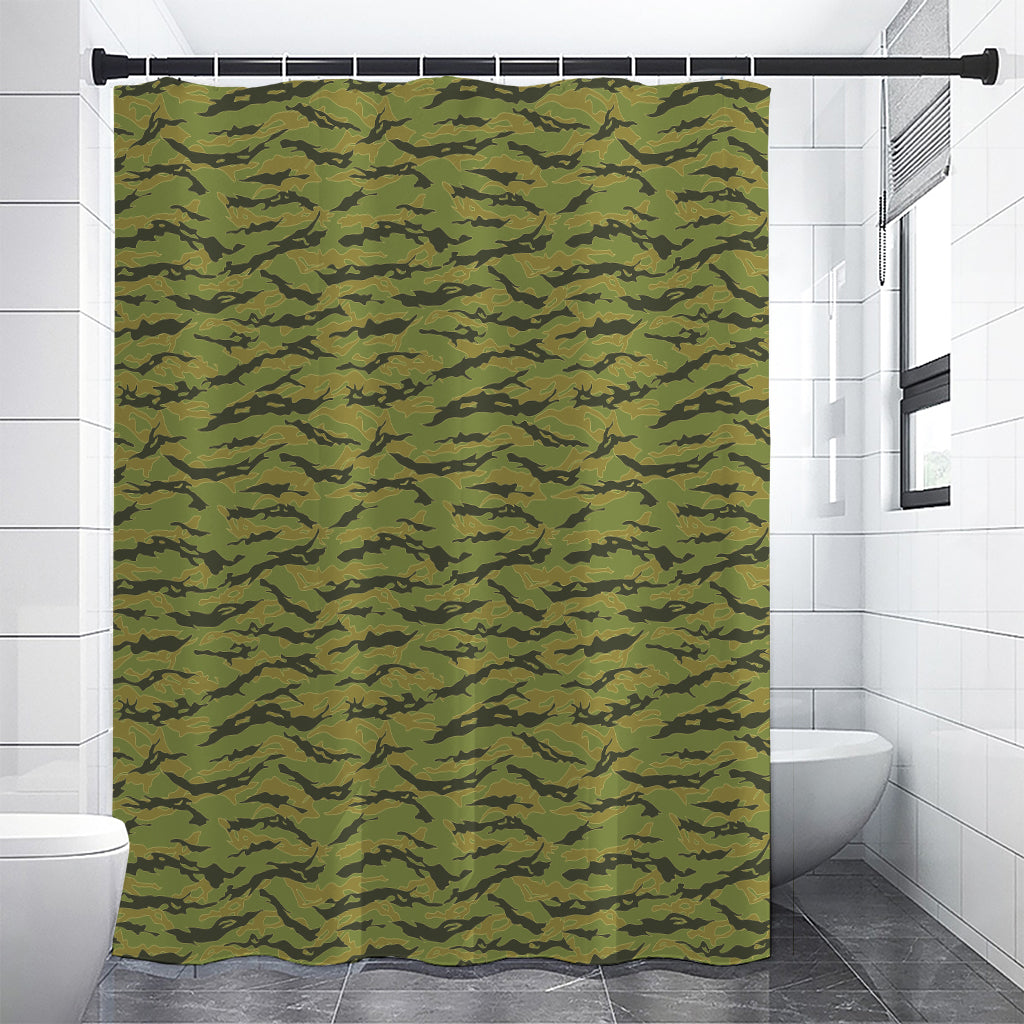 Green Tiger Stripe Camo Pattern Print Shower Curtain