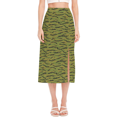 Green Tiger Stripe Camo Pattern Print Side Slit Midi Skirt