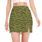 Green Tiger Stripe Camo Pattern Print Side Slit Mini Skirt